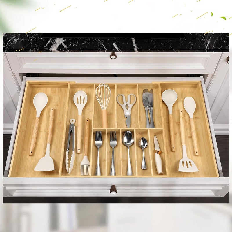 Fabsome Silverware Organizer for Cabinet Drawer, Expandable from 16.7'' to 30'' Wide Bamboo Wood Flatware Tray for Large Kitchen Drawers, Cutlery Utensil Holder - Image 5